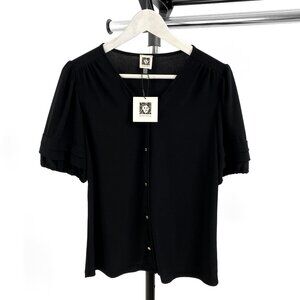 Anne Klein Women's Black Solid Round Neck Short Sleeve Blouse - Small